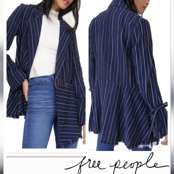 Free people Indigo navy Stella longline striped  double breasted  blazer SMALL - Picture 2 of 12
